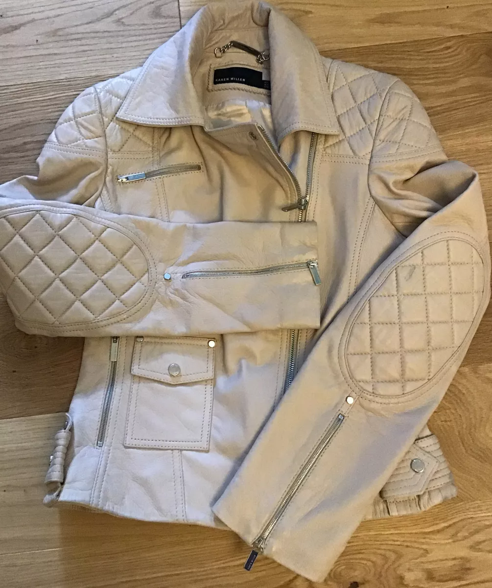 Ladies Karen Millen Cream Leather Biker Style Jacket Size 8 eBay