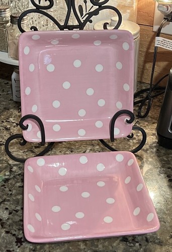Set Of 2 pampered chef 7.25 square plates Pink with White Polka Dots #5415 Snack - Picture 5 of 7
