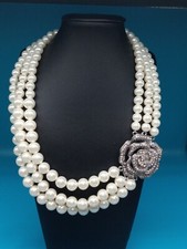3 Layered faux Pearls Silver Tone Clear Crystals Rose Design Statement necklace