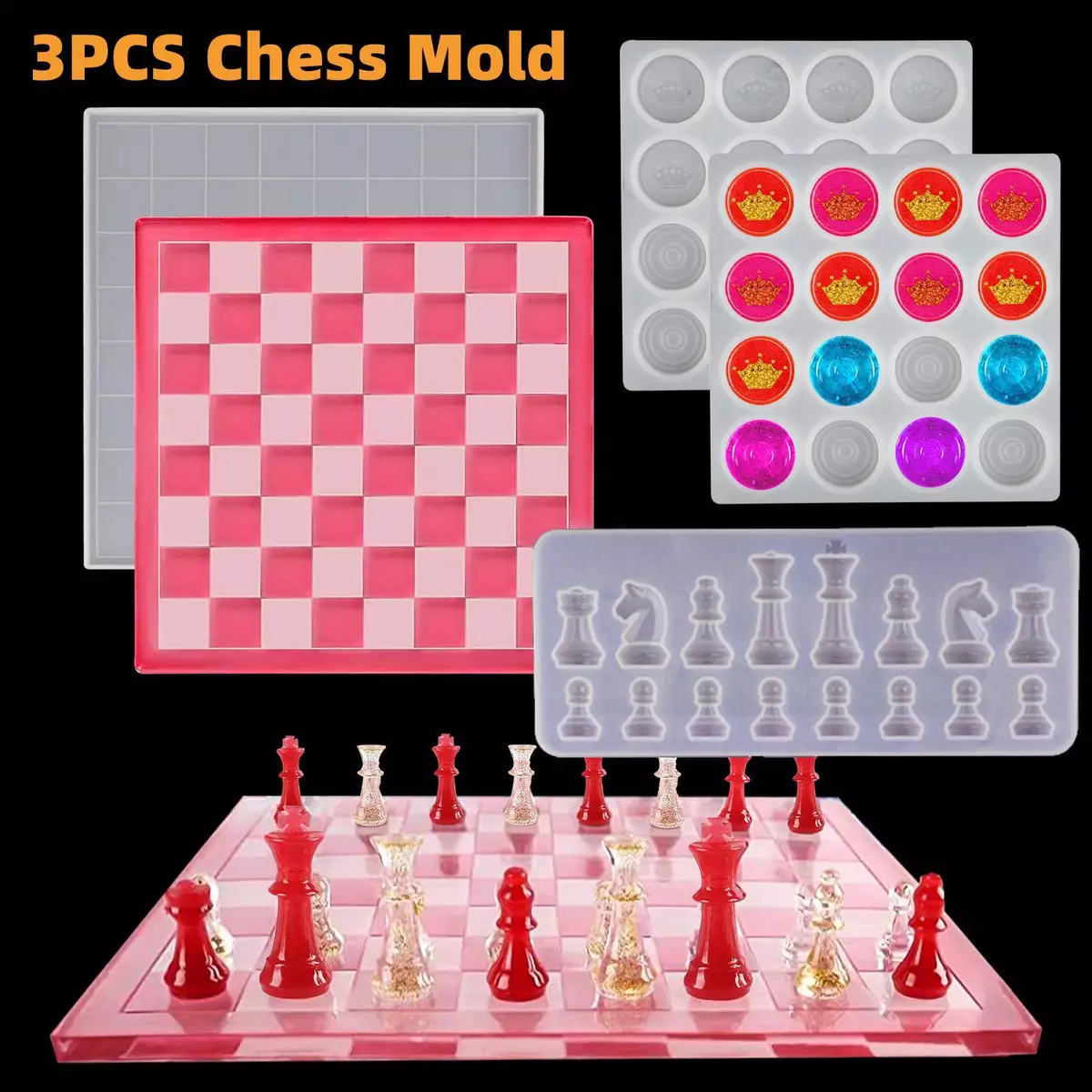 3PCS DIY Silicone Resin Chess Casting Mold Pendant Epoxy Craft Mould Tool  Kit US