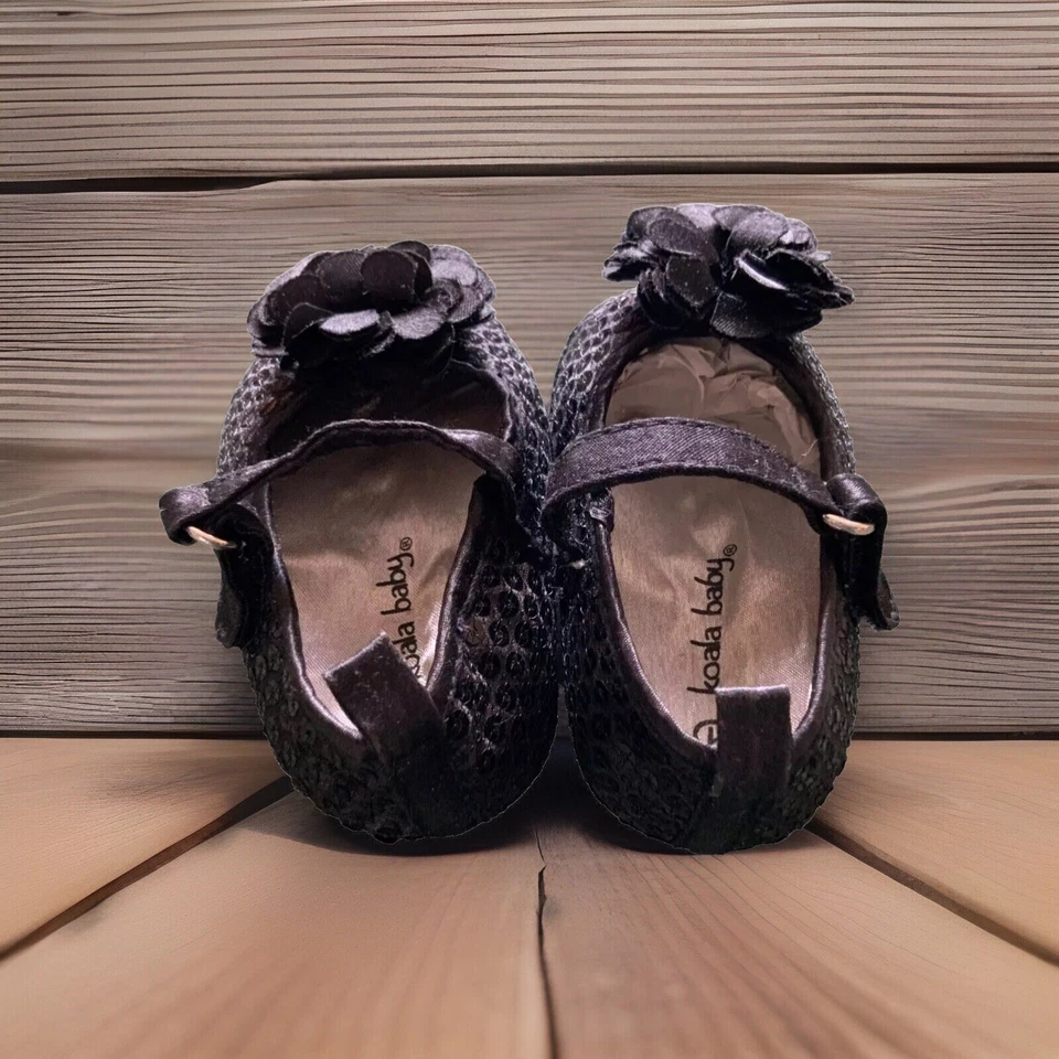 Koala Bebé Lentejuelas Mary Jane Negro Suave Zapatos con Lazo Talla 1 Foto 3 de 4