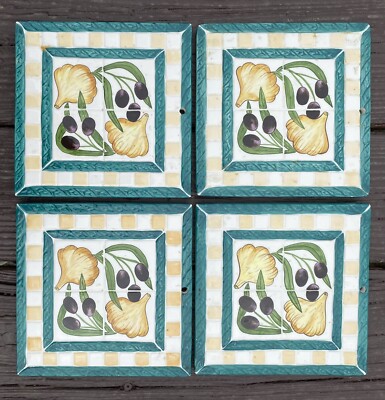 4 Garlic Olives Tile Trivet Hot Pads Hand Painted Square Clay Art