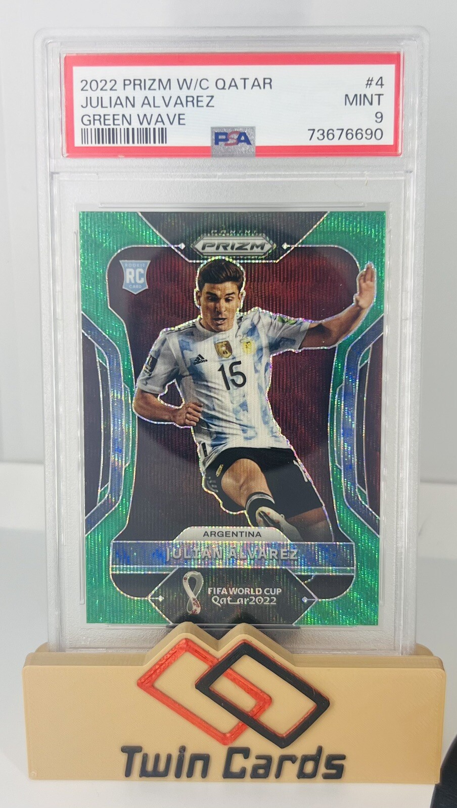 2022 Panini Prizm FIFA World Cup Julian Alvarez RC Green Wave Prizm #4 PSA 9