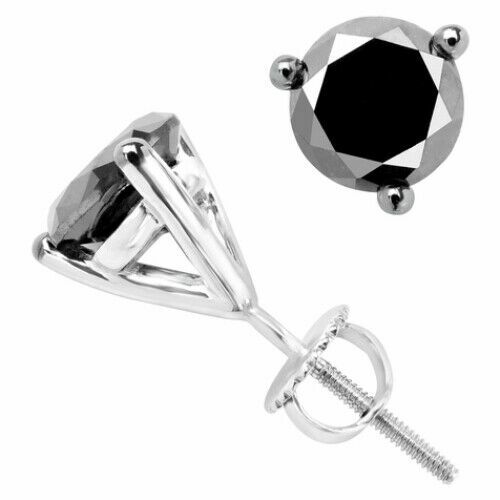 1 1/6 CTW Round Black Diamond 3-Prong Solitaire Stud Earrings in 14k White Gold - Picture 1 of 2
