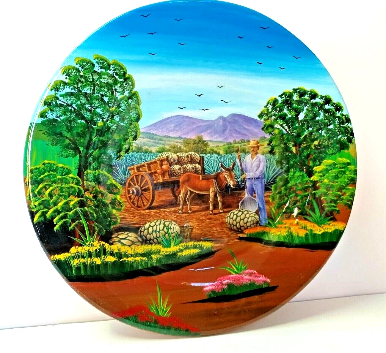 Mexican Pottery Platter Hand Painted Clay Plate Tequila Donkey Round Large 15in handmade large terracotta clay pottery round decorative platter mexican hand painted mountain scene with agave tequila farmer and donkey cart in field mediterranean tuscan spanish style kitchen wall plate decor