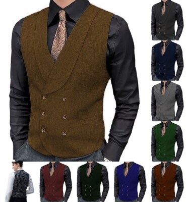 Casual Herren Tweed Weste Stehkragen Herringbone Wolle Retro Hochzeit Bräutigam