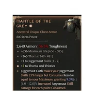 Diablo 4 S11 Mantle Of The Grey 1GA 9% Unique Chest Armor item Gear Equipment