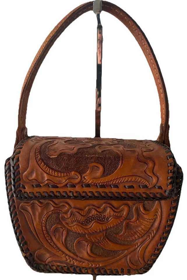 Bolso de mano vintage artesanal de cuero genuino con herramientas floral boho Foto 2 de 4