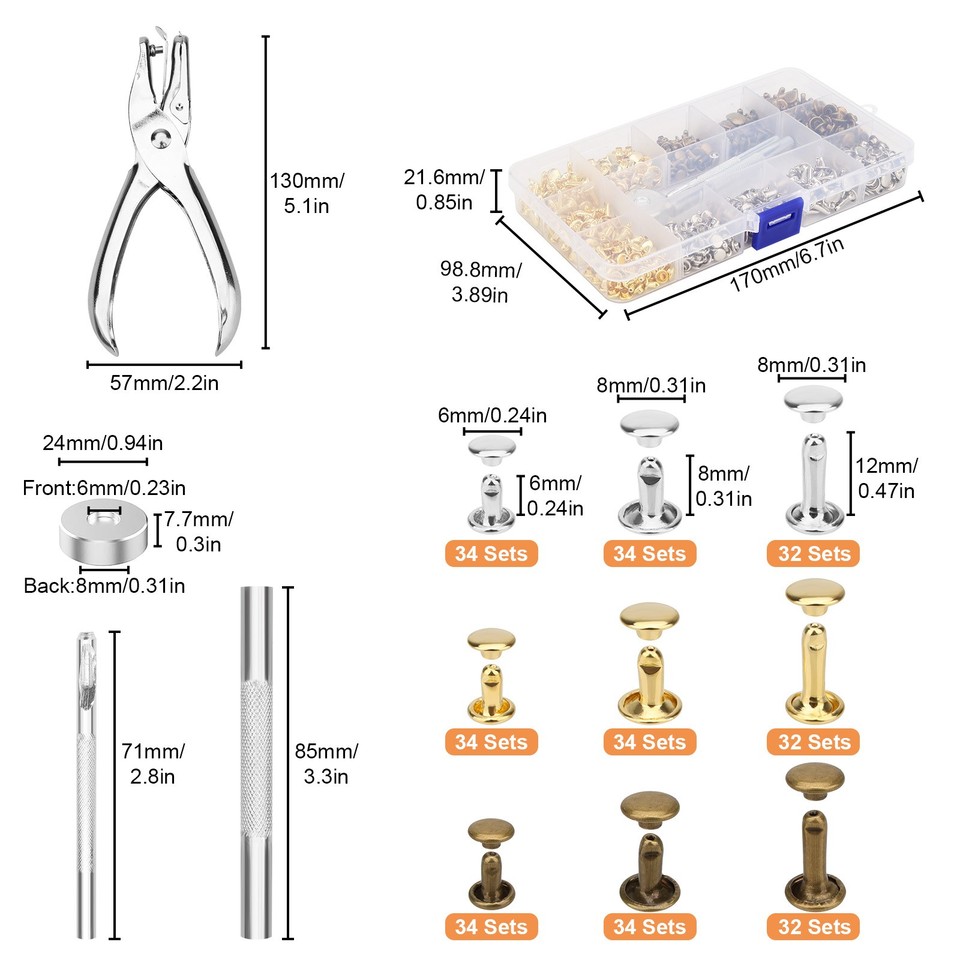 300PCS Leather Rivets Kit Double-Sided w/ Punch Tools for Bags Belts ...