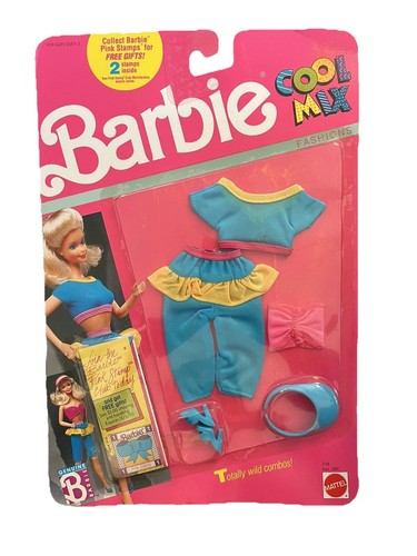 Vintage Barbie Outfit 1989 Cool Mix Blau Gelb Rosa NOS NEU