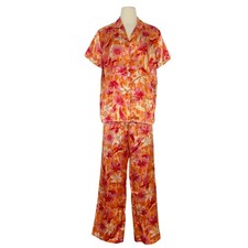 Valerie Stevens Satin Pajama Set Short Sleeves Top and Pants Floral Orange  L