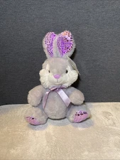 Safeway Hug Fun Plush Bunny Gray Rabbit Purple Shiny Ears Bow 13" Toy Lovey