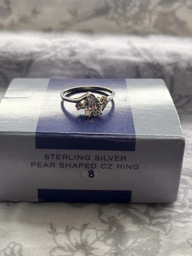 Avon Vintage Designer Signed Sterling Silver CZ Pear-Shaped Ring Size 8
