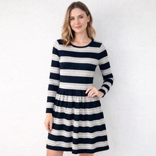 Vince Camuto Sweater Dress Womens Medium Black Gray Stripe Knee Length