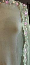 Vtg Indian Dupatta Pure Georgette Silk sage green embroidered flowers stole