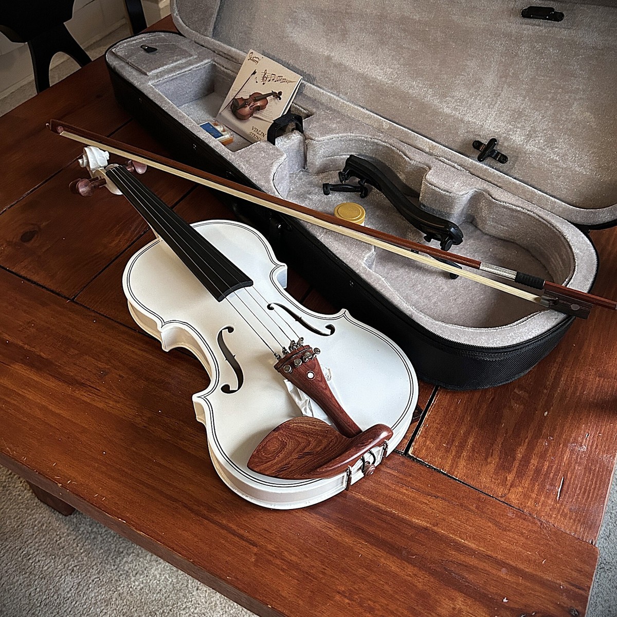White Full-Size 4/4 Solid Wood Violin Package with Case, Bow