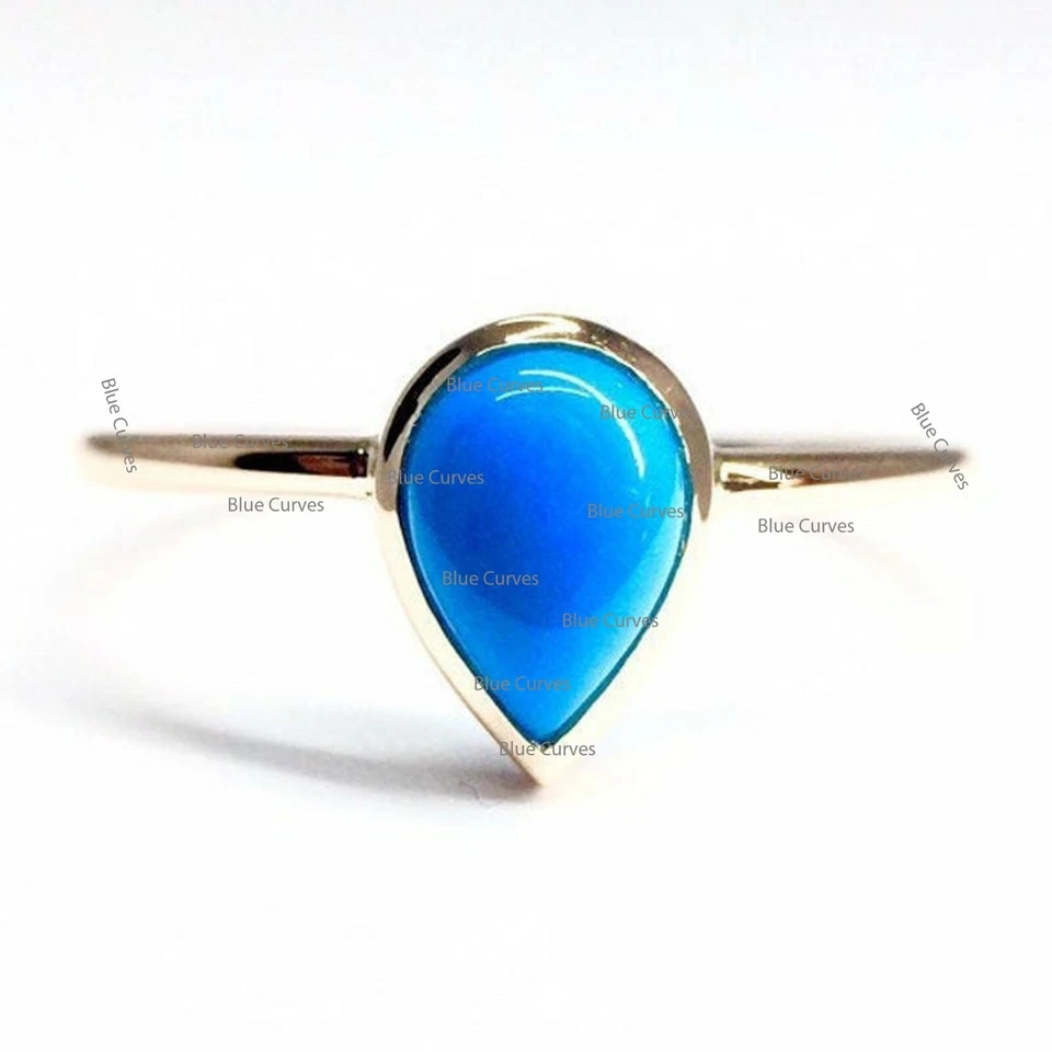 Anillo de oro amarillo de 14 k piedras preciosas turquesa Arizona solitario pera 7x5 mm joyería Foto 2 de 2