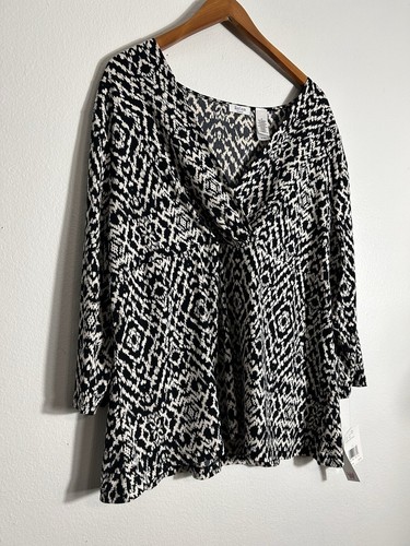 Liz & Co Women’s 3X Black White Faux Wrap 3/4 Sleeve Stretch Blouse NWT - Picture 4 of 10