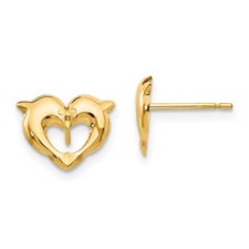 14k Yellow Gold Heart Dolphins Stud Earrings 0.26gm L-10mm, W-8mm