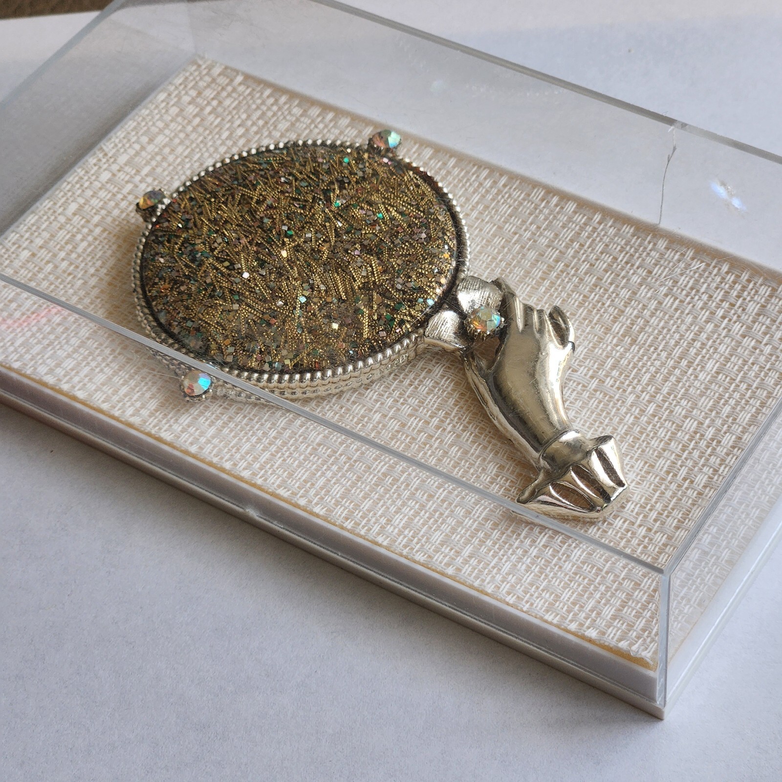 Vintage  Miniature Silver Glitter Rhinestones Hand Mirror 4”