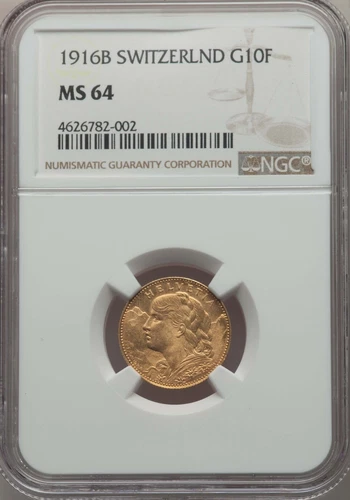 1916B Switzerland Gold 10 Francs KM-36 NGC MS-64