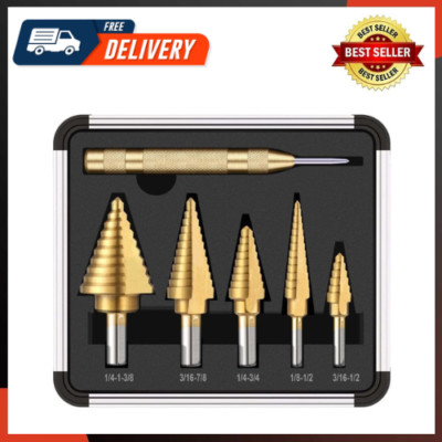 5Pcs Step Drill Bit Set with Automatic Center Punch HSS Titanium High Speed
