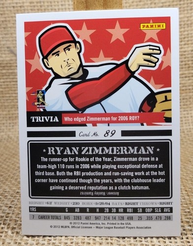 2012 Panini Triple Play Ryan Zimmerman Baseball Card #89 Nationals A1 - Picture 2 of 2
