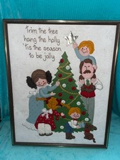 Vintage 3D Felt Needlepoint Framed Christmas Family Scene Picture Tree Completed