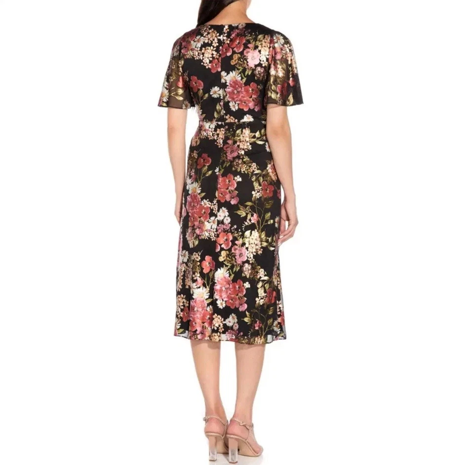 Adrianna Papell Black Floral Brocade Foiled Print Mesh Draped Midi Dress Sz 16 - Image 2 of 4