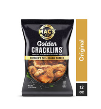 Mac's Chicharrones Golden Cracklin Curls, Fried Pork Fat with Skin, 12 oz Bag.