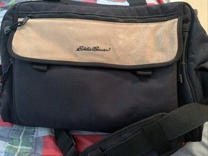 Large Eddie Bauer Diaper Travel Bag Navy&  Tan Suede With Changing Pad