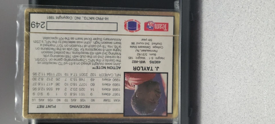 1991 Action Packed John Taylor #249 49ers - Image 2 of 2