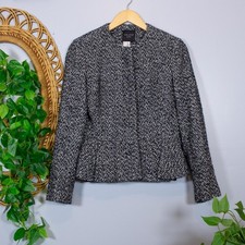 Tweed Wool Blend Fitted Blazer Ruffle Back Hidden Buttons  Dark Winter