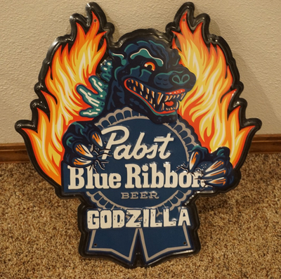 Pabst Blue Ribbon Beer Godzilla Tin Wall Metal Display Signage NEW