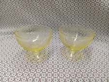 Set of 2 Yellow Depression Glass Footed Sherbet Dishes Smooth Rim, Ruffle Foot