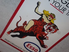 VINTAGE 1961 "ESSO CAT WOMAN RIDING TIGER" 18" PORCELAIN METAL GASOLINE OIL SIGN