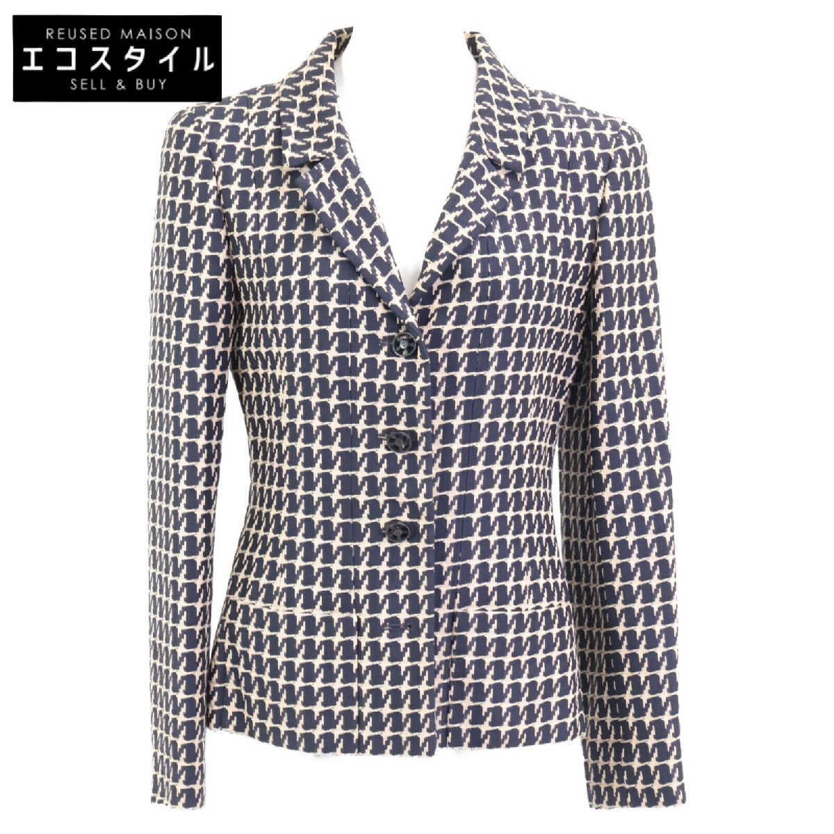 Chanel Coco Button Houndstooth Jacket Navy Beige … - image 1