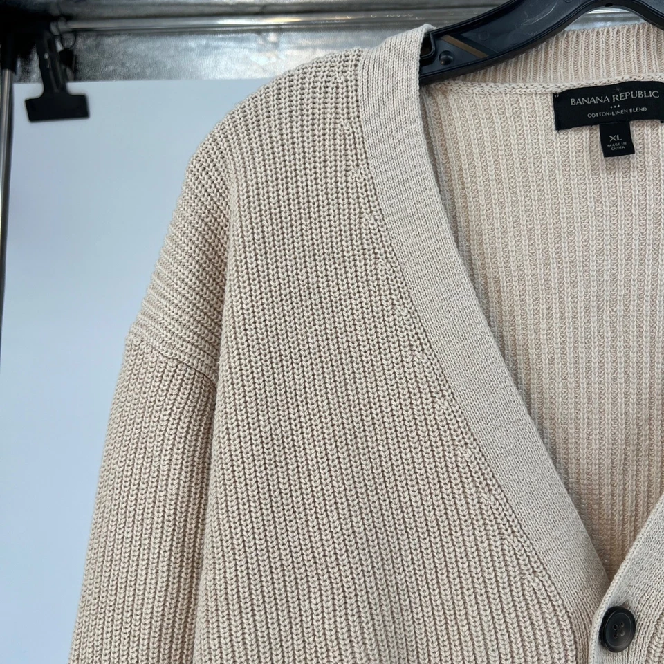 Cárdigan Suéter Banana Republic Mezcla Algodón Lino Para Hombre XL Beige Cuello en V Botón Foto 3 de 4