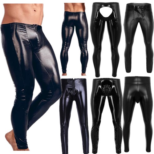 Mens Shiny Leather Pants Wet Look Long 