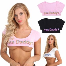 Women Yes Daddy Letter Printed Cami T-Shirts Naughty Short Sleeve Crop Tank Tops