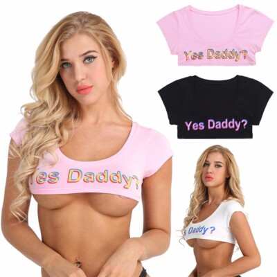 Women Yes Daddy Letter Printed Cami T-Shirts Naughty Short Sleeve Crop Tank Tops