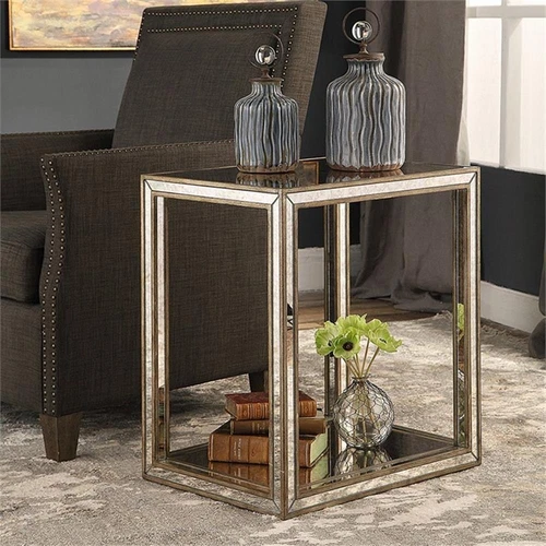 Uttermost Julie Contemporary MDF Wood Mirrored End Table in Antique Gold - Picture 2 of 6