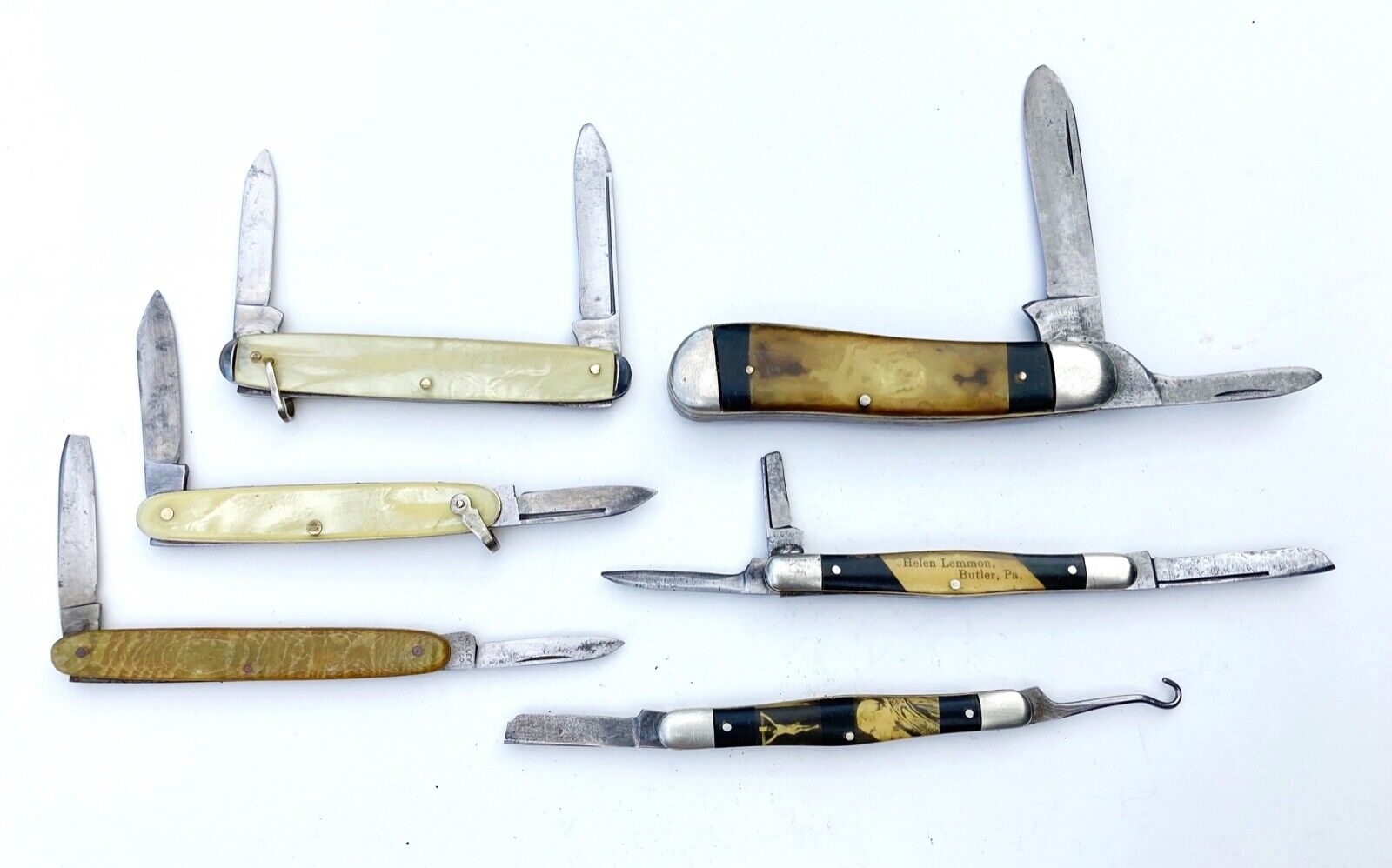 lot of 6 vtg pocket knives RARE PICTURE & ADVERTISING N.C.Co. HOLLEY art
