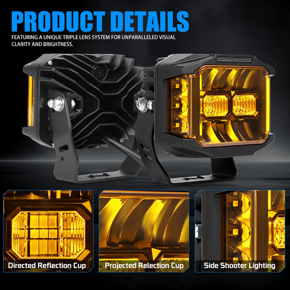 Barra de luz de trabalho 2x 5"" LED lateral atirador neblina cápsulas de direção amarelo DRL Jeep Ford SUV - Imagem 4 de 4