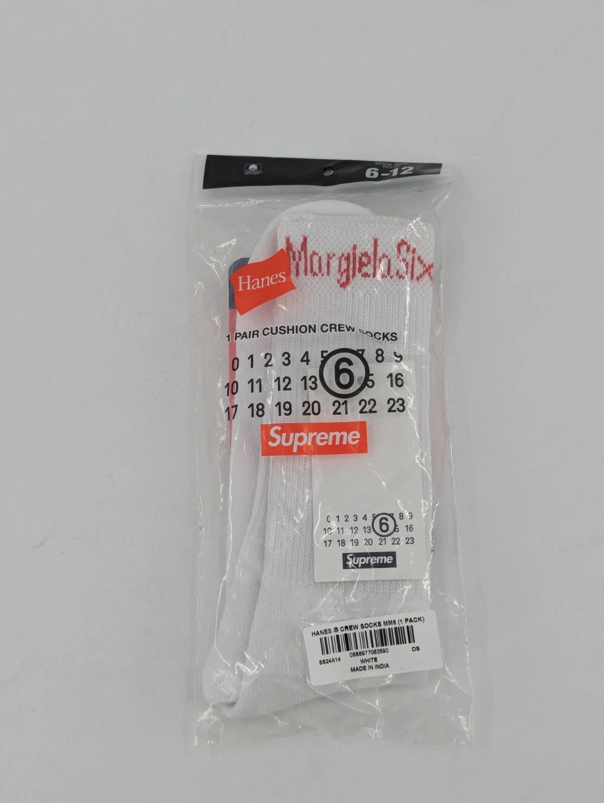 Chaussettes d'équipage Supreme MM6 Maison Margiela Hanes (1 paquet) blanches O/S SS24 flambant neuves
