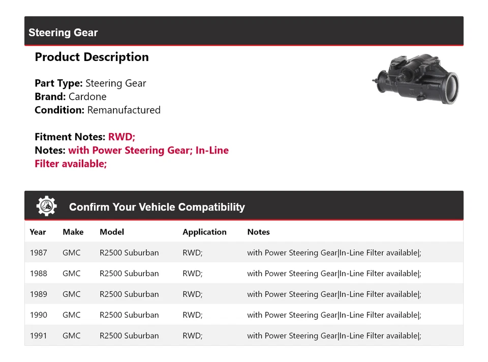 Para GMC R2500 1987-1991 Suburban tracción trasera engranaje de dirección cardone 1988 1989 1990 Foto 2 de 4