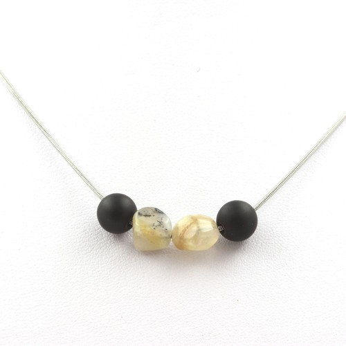 Pierres et Minéraux. Collier perles Onyx noir mat + Opale multicolore d