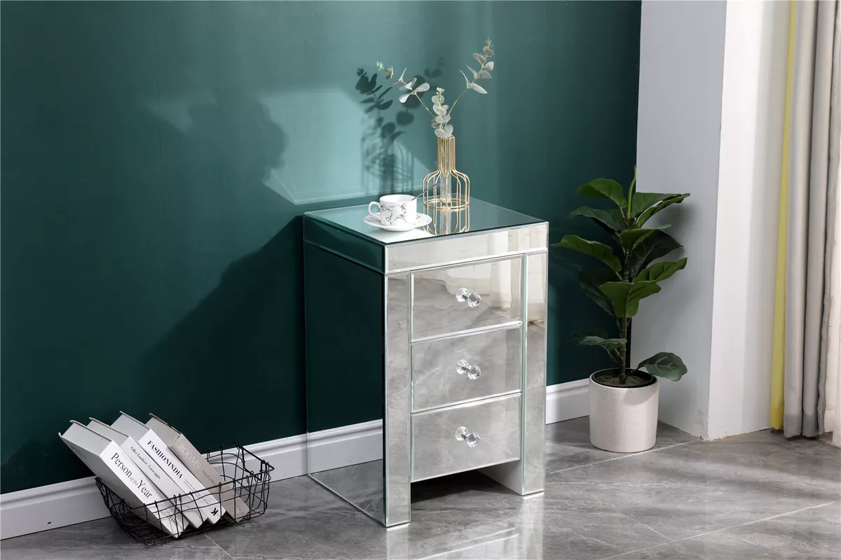 Elegant Mirrored Glass Bedside Table Nighstand Side Table Cabinet