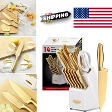 14 Piece Gold Knife Block Set High Carbon Stainless Steel with Ergonomic Handles
