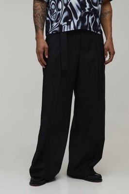 Men's Wide Fit Belted Pleat Front Tailored Trousers Black Pants size 36